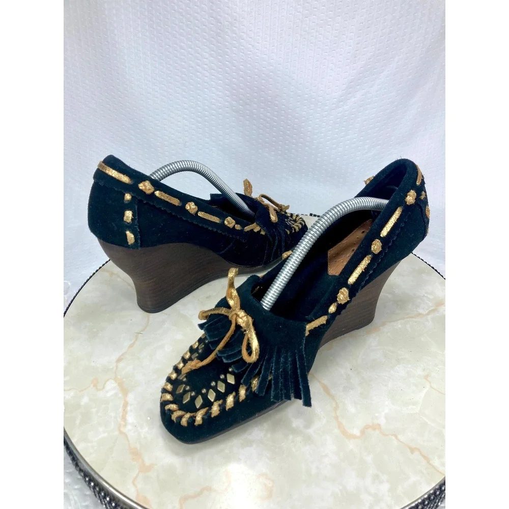 Sam Edelman Studded Fringe Moccasin Wedge Heels Womens 7.5 Black Leather Western